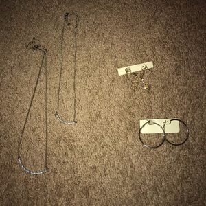 Two necklaces, snake earrings, hoop earrings